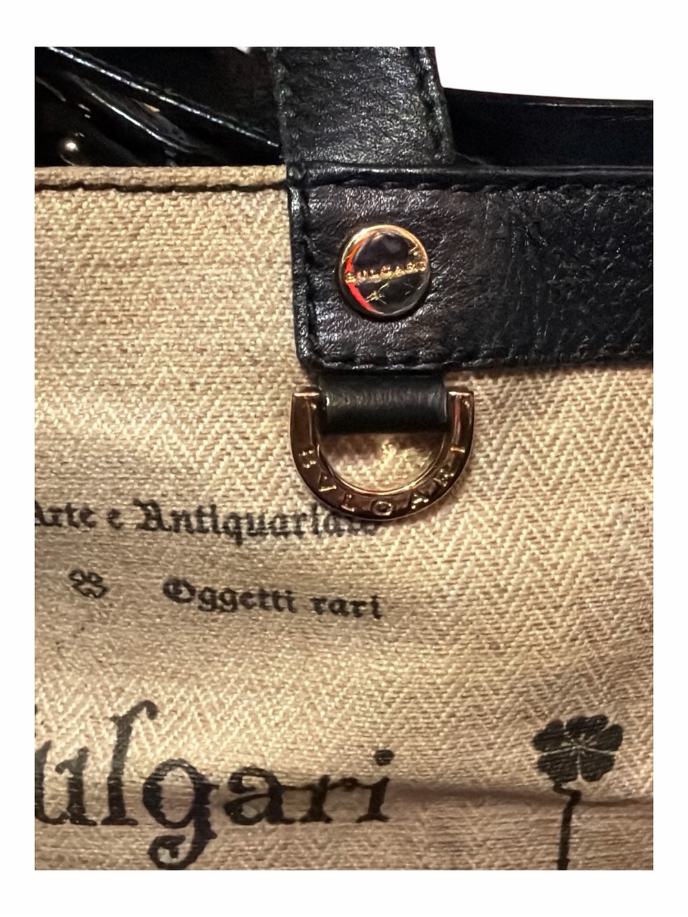Rare Vintage Authentic BVLGARI "Arte e Antiquaria" Canvas & Black Leather Tote - Picture 7 of 11